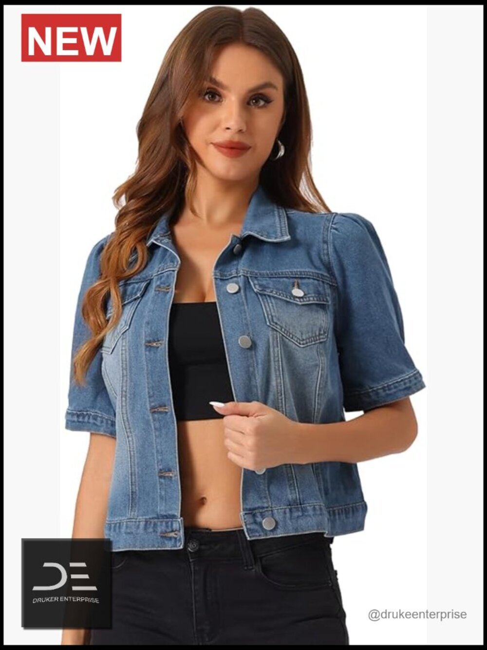 Vintage Denim Jacket Cropped Jean Jacket Puff Sleeve Button Down